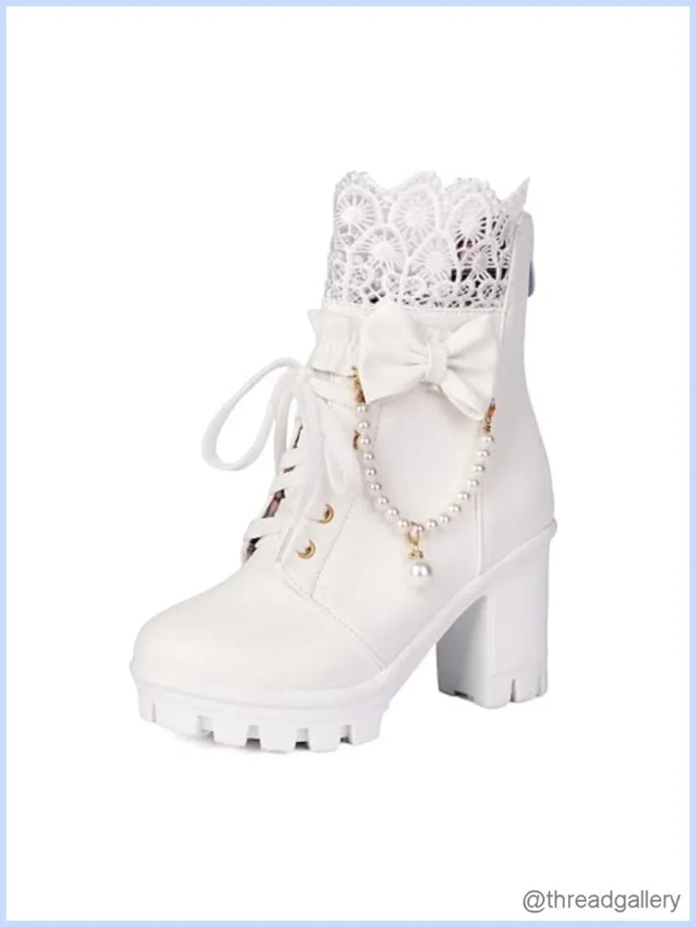 Gothic platform ankle boots with lace pearl chain bow chunky high heel combat